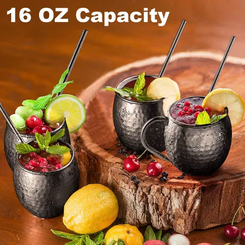 Vista 6 de DUNCHATY Moscow Mule - Juego de 4 tazas de regalo negras de acero inoxidable martillado sólido puro para beber, 16 onzas, seguro para alimentos