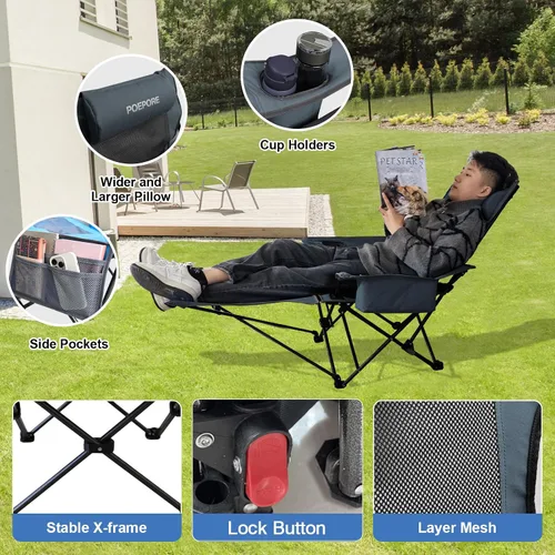Vista 5 de Paquete de 2 sillas reclinables de camping de 4 posiciones con reposapiés, cómoda para adultos, silla de playa plegable de malla de 265 libras
