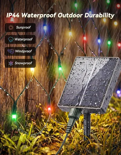 Vista 5 de LitHome Red solar de 11.5 x 5 pies, impermeable, 240 luces LED solares y USB, control remoto, 8 modos de luz de malla para arbustos, jardín, césped