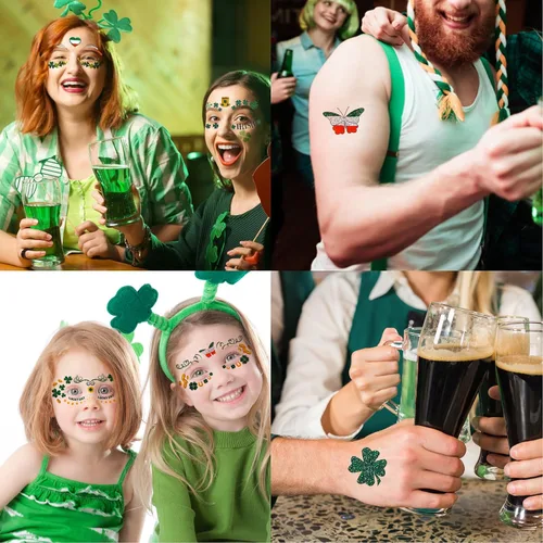 Vista 7 de HOWAF 10 hojas de calcomanías para tatuajes faciales del día de San Patricio, trébol de trébol, calcomanías de maquillaje facial, tatuajes de ojos