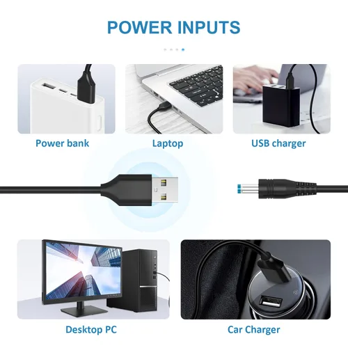 Vista 2 de Powseed Cable de alimentación de 5 V CC, cable de carga USB a CC con 10 enchufes adaptadores para cargar luz LED Pixel, USB-HUB, mini ventilador