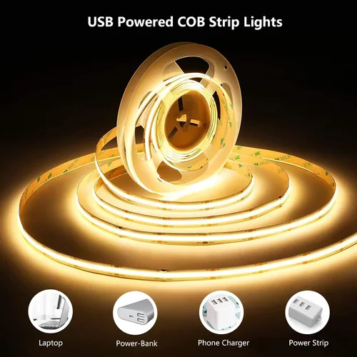 Vista 4 de COB - Luces LED para dormitorio, alimentadas por USB, 16.4 pies, 1600 LED, tira de luces blancas cálidas, regulables, flexibles, cinta adhesiva 3M