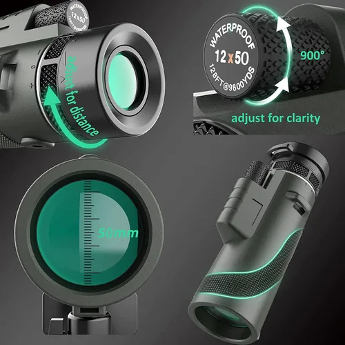 Vista 5 de Telescopio monocular monocular HD de 12 × 50, con adaptador para teléfono inteligente y trípode de metal, monocular compacto impermeable de alta