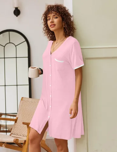 Vista 3 de Ekouaer Camisones para mujer, pijamas con botones, manga corta, cuello en V, ropa de dormir S-3XL