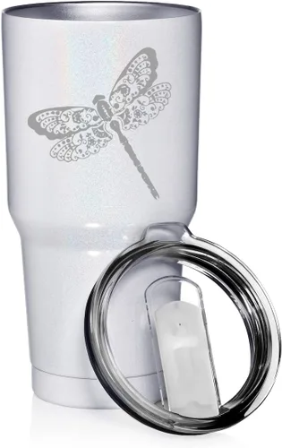 Vista 2 de Vaso de 30 onzas de acero inoxidable con aislamiento al vacío, taza de viaje con libélula floral (purpurina azul claro)