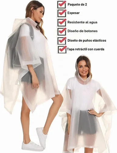 Vista 3 de Ponchos de lluvia reutilizables con capucha con cordón para adultos, abrigo de lluvia grueso impermeable, 2 paquetes Blanco 2 piezas (White (2-Pack))
