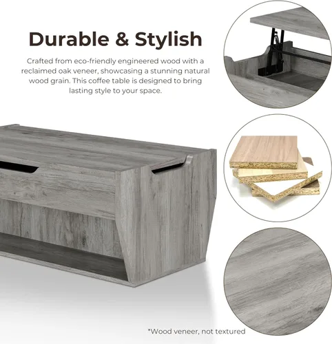 Vista 10 de 24/7 Shop at Home Pavie - Mesa de centro elevable de 42 pulgadas para comedor, diseño de granja con mesa ajustable en altura, almacenamiento Gris