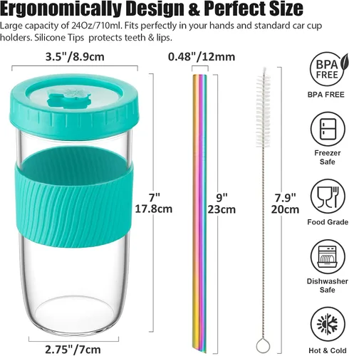 Vista 3 de Tarros de vidrio reutilizables con tapas y popotes, fundas de silicona, paquete de 4 vasos de batido de boca ancha de 24 onzas, vasos de té
