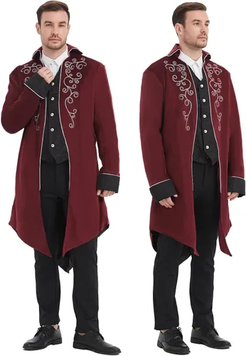 Vista 4 de SUMLETON Abrigo vintage medieval steampunk para Halloween, disfraces de vampiro, gótico, solapa, bordado, Frock Coat