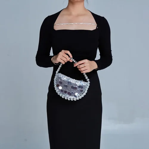 Vista 3 de Uhawi Bolso de mano con diamantes de imitación para mujer, bolso de noche con purpurina brillante, hecho a mano, fiesta, boda, plateado