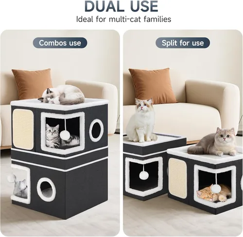 Vista 2 de Casa de Gato de 2 Pisos para Gatos de Interior, Separable en 2 Grandes Camas de Gato Cueva con Condominios Escondidos, Almohadillas para Rascar