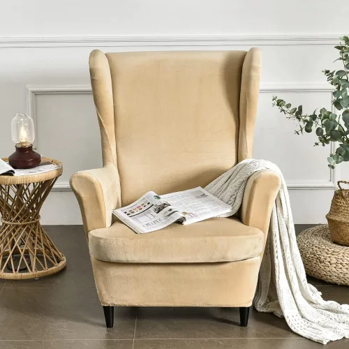 Vista 2 de Fundas elásticas para silla de ala, 2 piezas, fundas elásticas de terciopelo suave con parte inferior elástica para sala de estar y dormitorio Beige