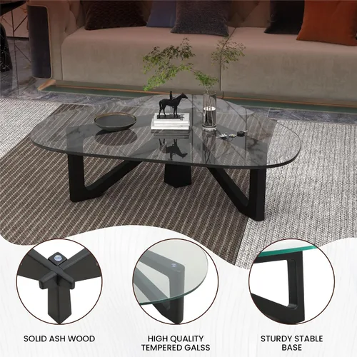 Vista 4 de LeisureMod Mesa de centro triángulo imperial, tapa moderna de cristal negro, marco europeo sólido de madera dura