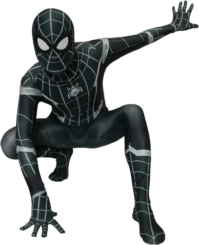 Vista 5 de PREQUA Disfraz de superhéroe de Halloween para hombre, cosplay, traje negro, Zentai, overol de juego de simulación para niños y adultos