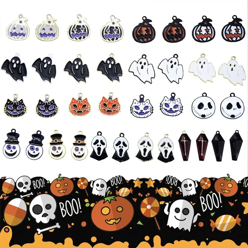 Vista 4 de 36 colgantes de Halloween chapados en oro negro esmaltado calabaza fantasma, payaso mago, sombrero de mago de Halloween para hacer joyas, bricolaje