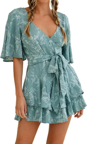 Vista 2 de Relipop Enterizo de verano para mujer, diseño floral, cuello en V, manga corta, cintura con nudo y dobladillo con volantes, overol corto casual