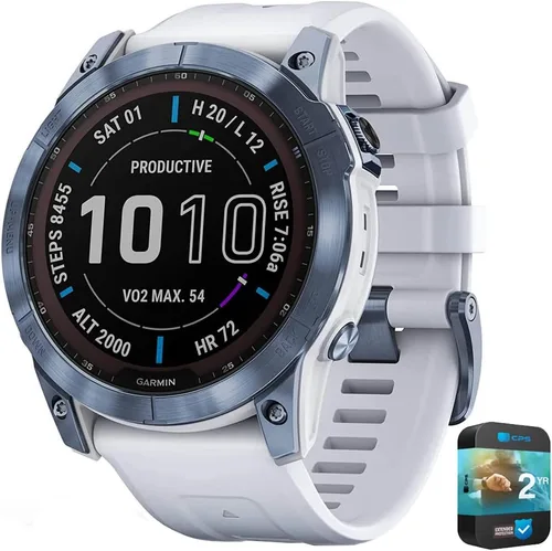 Vista 10 de Garmin Fenix 7X Pro Sapphire Solar, reloj inteligente GPS multideportivo, linterna integrada, carga solar, titanio con banda gris niebla/naranja