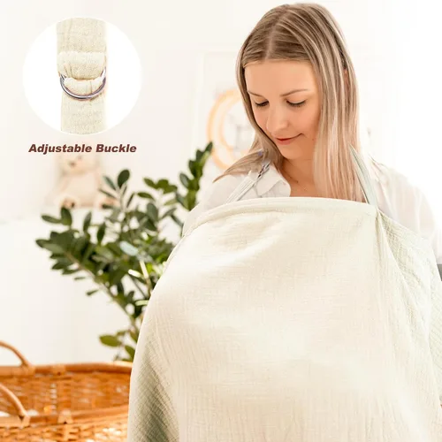 Vista 4 de Funda de lactancia 100% de muselina – Cubierta suave y transpirable para lactancia materna con cuello de arco y correa ajustable para el cuello