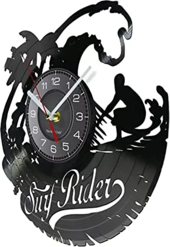 Vista 2 de Reloj de pared de vinilo de 12 pulgadas, reloj de pared con disco LP, tabla de surf, verano, playa, playa, manualidades, decoración de disco, reloj