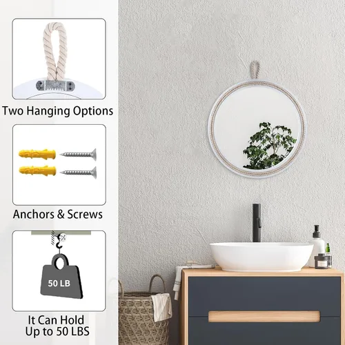 Vista 3 de Espejo decorativo pequeño de 11.4 pulgadas, espejo colgante redondo para pared, espejo de cuerda náutica para baño, oficina, sala de estar, todas
