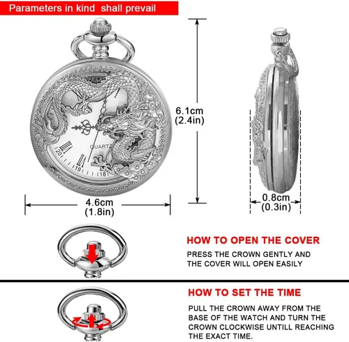 Vista 7 de Dragon Quartz Pocket Watches for Men Roman Numerals Pocket Watch with Chain Cus-CF18-plata