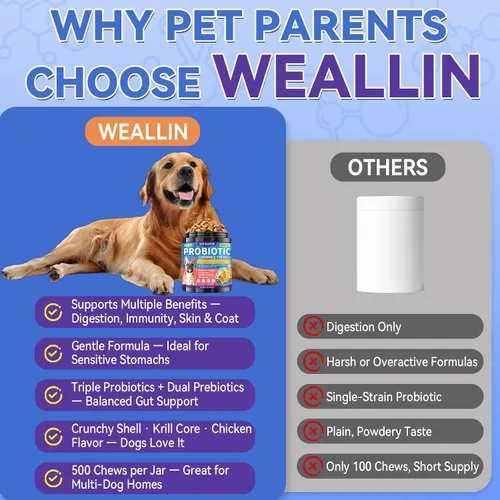 Vista 6 de Probióticos masticables para perros, 500 masticables, soporte estomacal sensible con núcleo de krill, probióticos triples y prebióticos, digestión