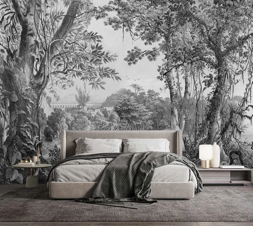 Vista 21 de YQWDMX - Papel tapiz de bosque verde soleado, mural de naturaleza para dormitorio (no es de despegar y pegar)
