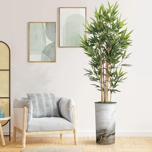 Vista 12 de Árbol artificial en macetero con efecto de granito moderno, palmera tropical areca artificial de seda para decoración del hogar en interiores