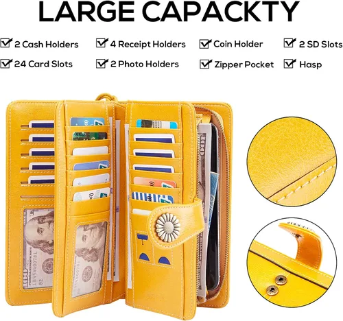 Vista 4 de INSIFEEL Billetera pequeña para mujer bolso compacto de cuero con bloqueo RFID RFID para mujer Amarillo Retro