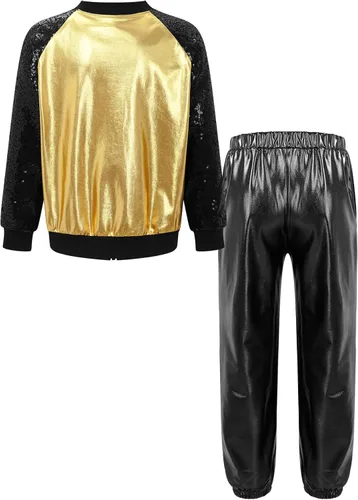 Vista 2 de TiaoBug Disfraz de baile de jazz hip hop para niños y niñas, brillante, metálico, manga larga, chaqueta bomber y pantalones deportivos