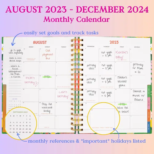 Vista 3 de ban.do Agenda diaria 2023-2024, agenda semanal mediana de agosto de 2023 a diciembre de 2024, diario de cuidado personal de tapa dura, planificador