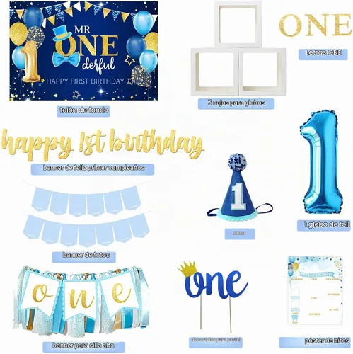 Vista 2 de Decoraciones de Primer Cumpleaños para Niño, Decoraciones de Primer Cumpleaños para Niño, Suministros de Fiesta de Primer Cumpleaños para Bebé