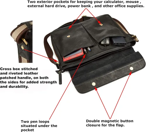 Vista 3 de Bolso de cuero real para computadora portátil, para hombres y mujeres, estilo vintage, estilo mensajero, bolso de hombro hasta 16 pulgadas