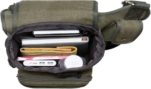 Vista 6 de Bolso de mensajero de lona vintage para hombre, bolso de mensajero de retazos de cuero en el pecho
