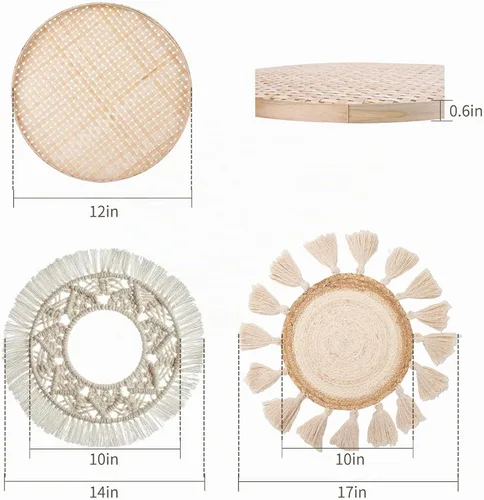 Vista 7 de LOCS MICRAI Juego de 3 cestas de pared bohemias, cesta tejida plana, decoración para colgar en la pared, borlas redondas, tapiz de macramé blanco