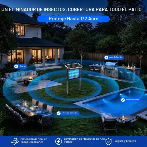 Vista 4 de Exterminador solar de insectos para exteriores, impermeable, 4500 V de alta potencia inalámbrico con sensor de luz inteligente, mata insectos solar