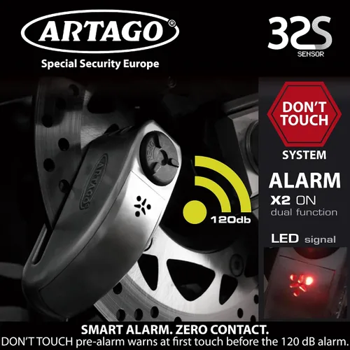 Vista 3 de ARTAGO 32 Cerradura de disco para motocicleta de última generación 2 en 1 Alarma inteligente, 120 dB, advertencia de no toque Exclusivo bloqueo