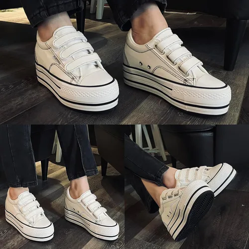 Vista 5 de Womens Platform Shoes Hidden Wedge 3 Inches Height Increase, Hook and Loop Walking Shoe, Strap Canvas Sneakers High Heel White Black Fashion