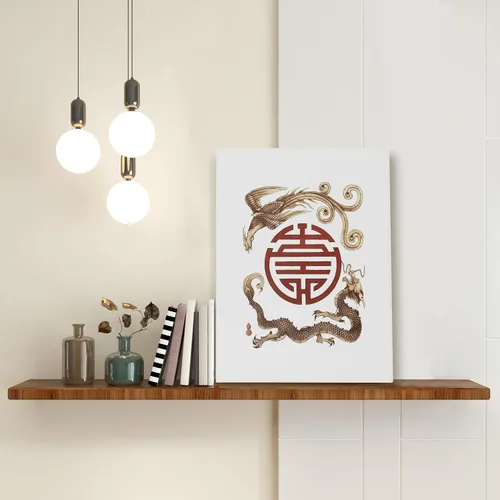 Vista 3 de Lienzo de doble felicidad china asiática tradicional con diseño de fénix y dragón para pared, letreros artísticos enmarcados para el hogar