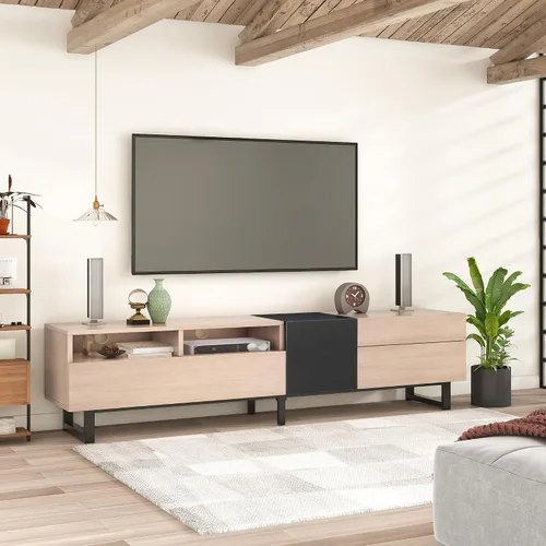 Vista 9 de Polibi Soporte de TV para TV de 80 pulgadas con puerta abatible, mesa consola multimedia moderna, centro de entretenimiento con doble espacio