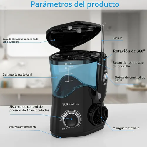 Vista 3 de TUREWELL - Hilo dental de agua para dientes/frenos, limpiador de dientes de agua con 8 puntas de chorro y 10 niveles de presión, irrigador bucal