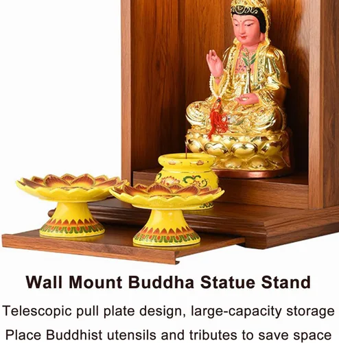 Vista 4 de Estante budista de madera para altar de Buda, Santuario de Buda que ahorra espacio, mesa de casa Pooja Pooja de madera, mesa de altar de meditación