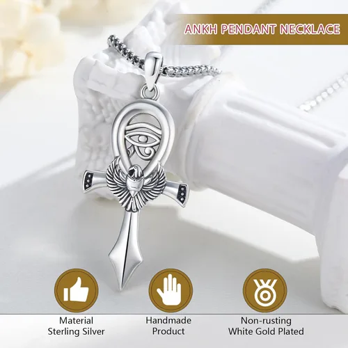 Vista 6 de Ankh - Collar con colgante para mujeres y hombres, plata de ley 925, collar de cruz egipcia de escarabajo Ankh, collar de cruz de panga, amuleto