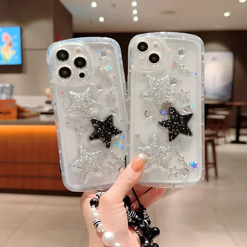 Vista 5 de Compatible con iPhone 11 Pro Funda Transparente Bonita con Diseño de Estrella con Purpurina en 3D con Perlas y Pulsera de Perlas, Diseño de Cadena