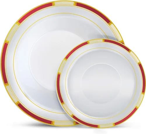 Vista 12 de Laura Stein Juego de vajilla de diseñador 32 cuencos de plástico desechables para fiestas, cuenco blanco con borde azul y detalles dorados