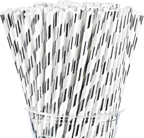 Vista 18 de ALINK - 100 pajitas de papel rayadas en blanco y negro, pajitas desechables biodegradables para Halloween, Navidad, cumpleaños, Año Nuevo
