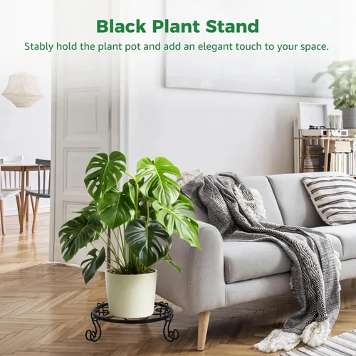 Vista 4 de Set Of 2 Black Iron Flower Pot Stands With Decorative Curves And Wheels, Rust-Free Plant Holders, Ready To Use, No Assembly Necessary