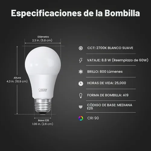 Vista 2 de Feit Electric Bombillas LED A19, 60 W Eq, regulables, blanco suave, paquete Blanco suave (2700K Soft White)
