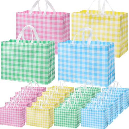 Vista 8 de [Usado] Colarr 12 piezas bolsas de mano de Pascua extra grandes con asa, bolsa de regalo de primavera, no tejida, a cuadros búfalo, impermeable