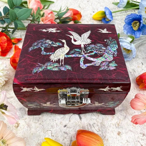 Vista 18 de Fun-Store Caja de madera con incrustaciones de nácar con incrustaciones de nácar, caja de madera, diseño de árbol de grúa, espejo, recuerdo, tesoro
